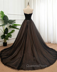 Black Tulle Sweetheart A-line Evening Dress with Lace, Black Long Evening Prom Dress