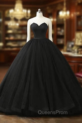 Black Tulle Sweetheart Ball Gown Sweet 16 Dress, Black Long Evening Dress