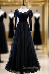 Black Tulle Velvet Long Sleeve Square Evening Prom Dress