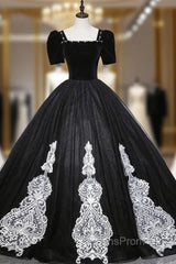 Black Tulle Velvet Short Sleeve Quinceanera Dress