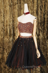 Black Two Pieces Beads Tulle Short Evening Prom Dress Black Homecoming Dress