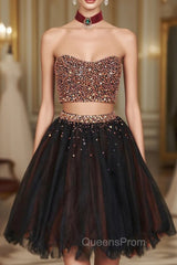 Black Two Pieces Beads Tulle Short Evening Prom Dress Black Homecoming Dress