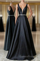 Black V Neck Beading Satin Evening Prom Dress