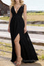 Black V Neck Chiffon Floor Length Prom Dresses Long Prom Dress With Pleated Split
