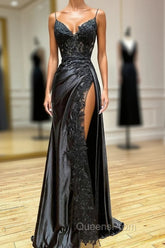 Black V-Neck Lace Long Evening Dress, Black Spaghetti Strap Evening Gown with Leg Slits