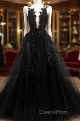 Black V Neck Lace Long Evening Prom Dress A Line Evening Dress