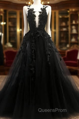 Black V Neck Lace Long Evening Prom Dress A Line Evening Dress