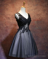 Black V Neck Lace Short Prom Dress, Black Evening Dress