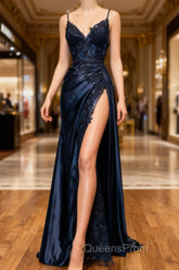 Dark Blue V Neck Satin Lace Long Evening Prom Dress, Dark Blue Lace Long Evening Dress