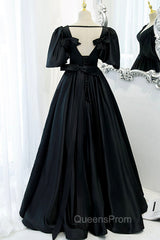 Black V-Neck Satin Long Evening Prom Dress, A-Line Short Sleeve Evening Dress