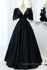 Black V-Neck Satin Long Evening Prom Dress, A-Line Short Sleeve Evening Dress