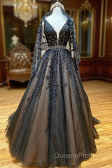 Black V Neck Tulle Lace Beads Long Evening Prom Dress Black Evening Dress