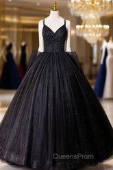 Black V-Neck Tulle Lace Evening Prom Dress, Gorgeous A-Line Evening Party Dress