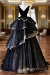 Black V Neck Tulle Velvet Long Evening Prom Dress, Black Long Evening Dress