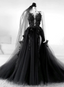 Black V-Neckline Backless Tulle With Lace Party Dress, Black Long Classy Prom Dress