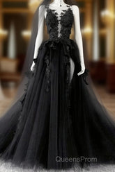 Black V-Neckline Backless Tulle With Lace Party Dress, Black Long Evening Prom Dress