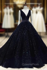 Black V-neckline Shiny Tulle Beaded Sweet 16 Dress, Black Evening Dress