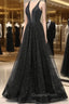 Black V-neckline Tulle and Satin Long Straps Cross Back Evening Prom Dress, Floor Length Evening Dress