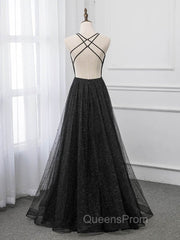 Black V-neckline Tulle and Satin Long Straps Cross Back Evening Prom Dress, Floor Length Evening Dress