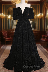 Black V-Neckline Velvet Off Shoulder Party Dress, A-Line Black Evening Prom Dress Evening Dress