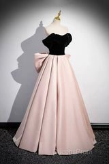 Black Velvet And Pink Satin Long Evening Prom Dress, Beautiful A-Line Evening Party Dress With Bow