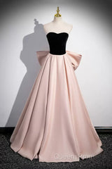 Black Velvet And Pink Satin Long Evening Prom Dress, Beautiful A-Line Evening Party Dress With Bow