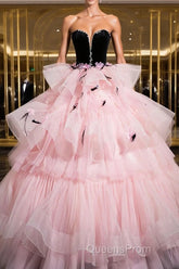 Black Velvet And Pink Tulle Strapless Ball Gown, Pink Backless Ruffles Formal Evening Dress