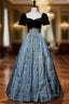Black Velvet Blue Leaf Short Sleeve Evening Prom Dress