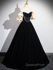 Black Velvet Floor Length Evening Prom Dress, Off The Shoulder A-Line Evening Party Dress