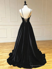 Black Velvet Long A-line Low Back Prom Dress Black V Neck Wedding Party Dress prom dresses shops