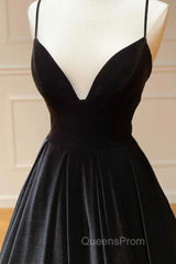 Black Velvet Long A-Line Evening Prom Dress, V-Neck Backless Evening Dress