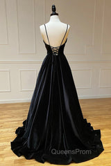Black Velvet Long A-Line Evening Prom Dress, V-Neck Backless Evening Dress