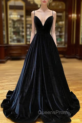 Black Velvet Long A-Line Evening Prom Dress, V-Neck Backless Evening Dress