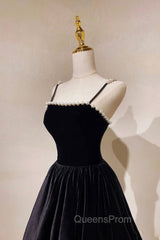 Black Velvet Long Evening Prom Dress with Pearls, Black Spaghetti Straps Evening Party Dress