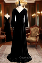 Black Velvet Long Sleeve Button Pleats Evening Prom Dress