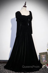 Black Velvet Long Sleeve Evening Prom Dress, A-Line Evening Party Dress