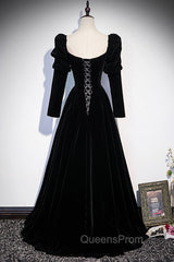Black Velvet Long Sleeve Evening Prom Dress, A-Line Evening Party Dress