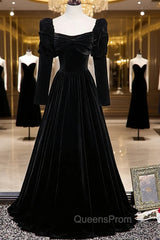 Black Velvet Long Sleeve Evening Prom Dress, A-Line Evening Party Dress