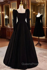 Black Velvet Long Sleeve Square Evening Prom Dress