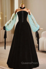 Black Velvet Long Sleeve Strapless Evening Prom Dress