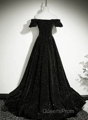 Black Velvet Off Shoulder A-Line Long Evening Prom Dress, Black Simple Wedding Party Dress