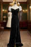Black Velvet Puff Sleeve Pleats Evening Prom Dress With Split