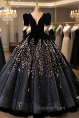 Black Velvet Sequins Short Sleeve Quinceanera Dress