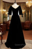 Black Velvet Short Sleeve Beading Evening Prom Dress