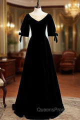 Black Velvet Short Sleeve Beading Evening Prom Dress