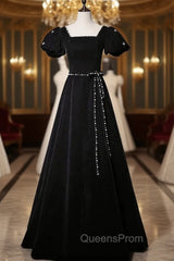 Black Velvet Short Sleeve Square Neck Pearls Evening Prom Dress