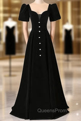 Black Velvet Short Sleeve Square Neck Evening Prom Dress