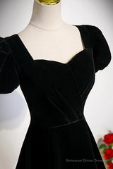 Black Velvet Short Sleeves Floor Length Long Prom Dress, Black Velvet Long Formal Evening Dresses
