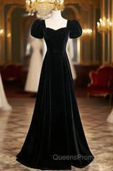 Black Velvet Short Sleeves Floor Length Long Evening Prom Dress, Black Velvet Long Evening Dress