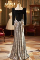 Black Velvet Silver Sequins Long Sleeve Evening Prom Dress